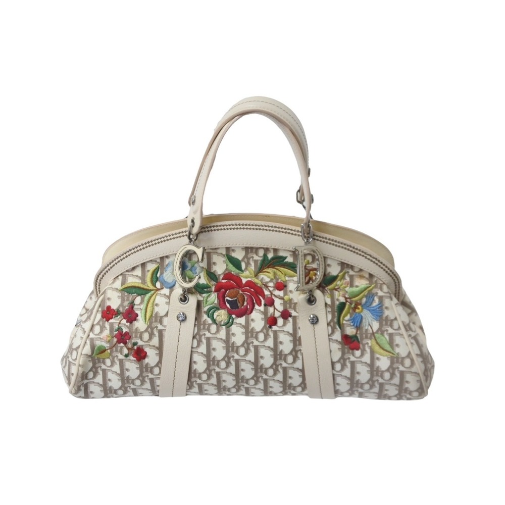 Dior Handbag Canvas Tan Flower Embroidery Trotter Christian Floral Beige - Picture 2 of 10